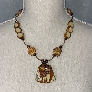 Handcrafted Jasper Pendant with Copper Wiring and Matching Earrings in Tan Brown